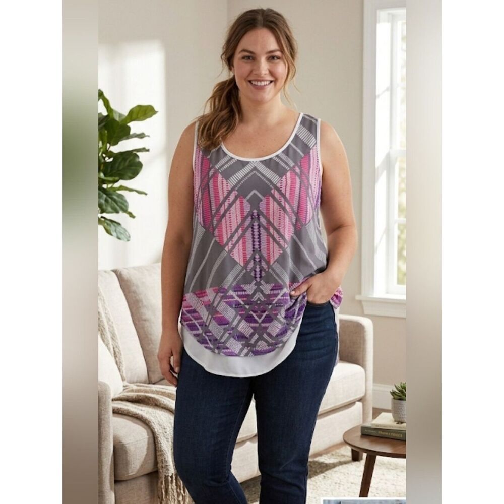 Ava & Viv Tank Top Sz 1X Pink/Gray/White